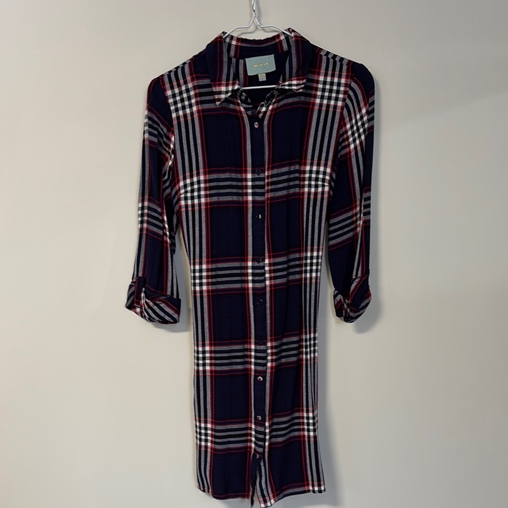 Plaid Shirt Dress - Navy, Red, and White